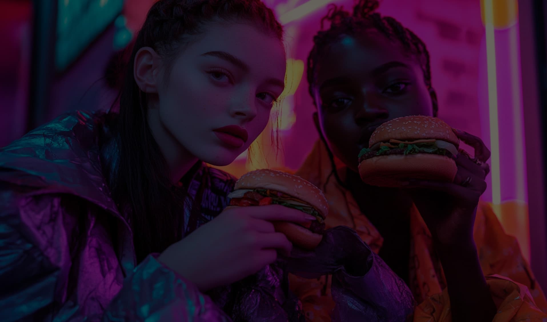 Two girls holding burgers